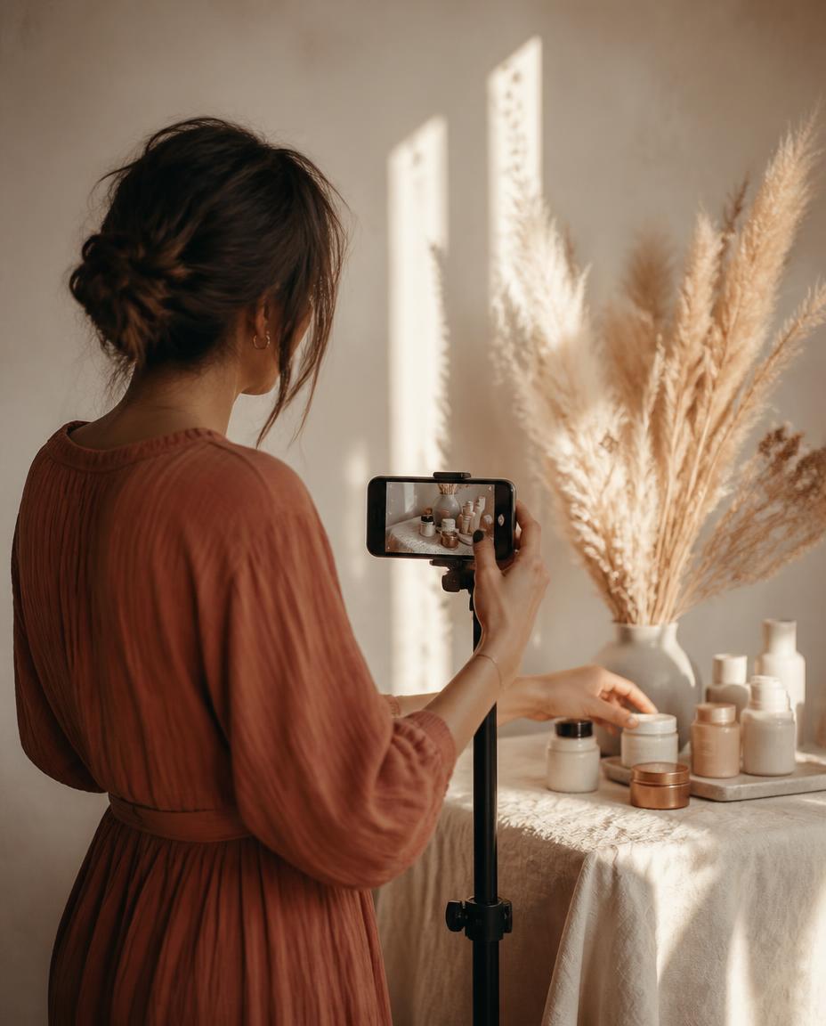 Warm editorial flatlay of curated beauty and wellness products