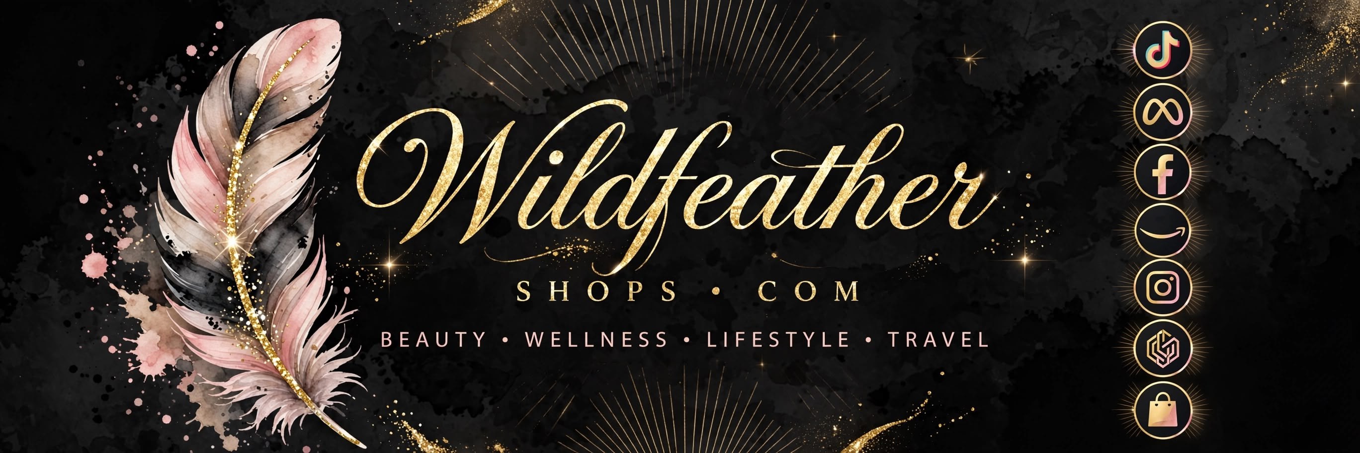Wildfeathershops brand mark with the platforms JoJo works with: TikTok, TikTok Shop, Meta, Facebook, Instagram, Threads and Amazon, across beauty, wellness, lifestyle and travel