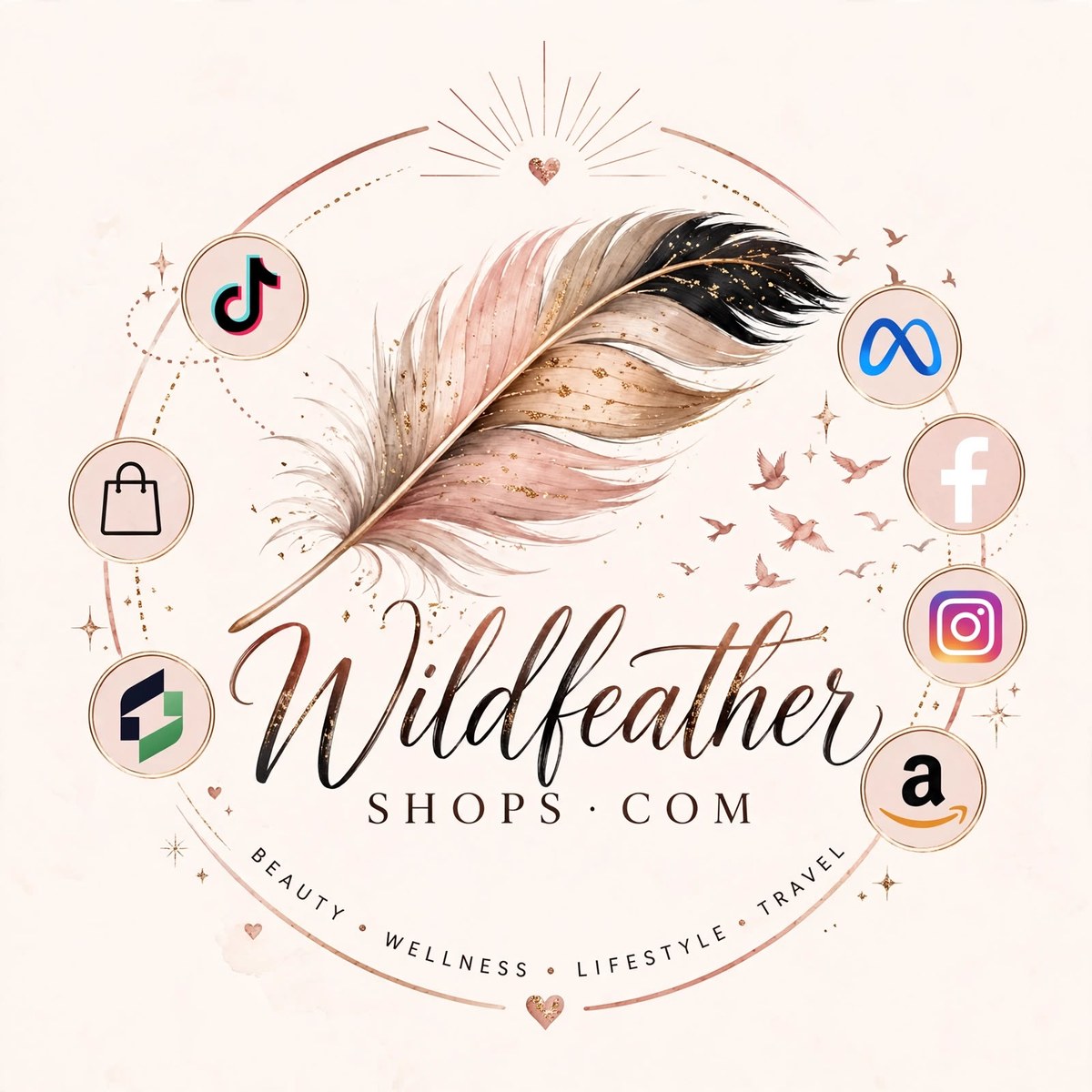Wildfeathershops brand mark with the platforms JoJo works with: TikTok, TikTok Shop, Meta, Facebook, Instagram, Threads and Amazon, across beauty, wellness, lifestyle and travel
