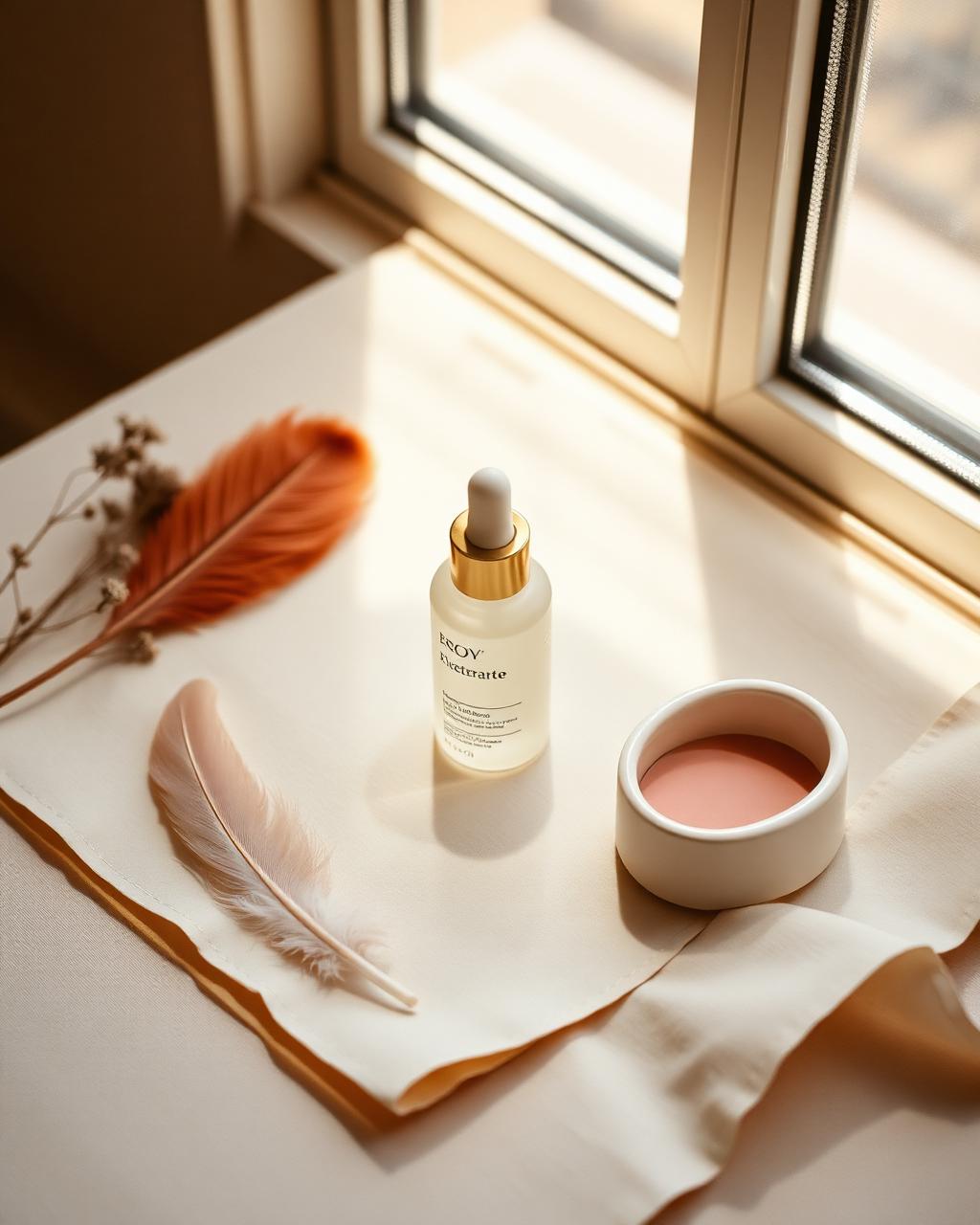 Skincare bottles arranged on a warm parchment surface