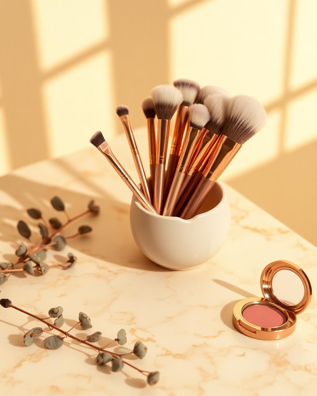 Rose gold makeup brushes laid out on soft linen