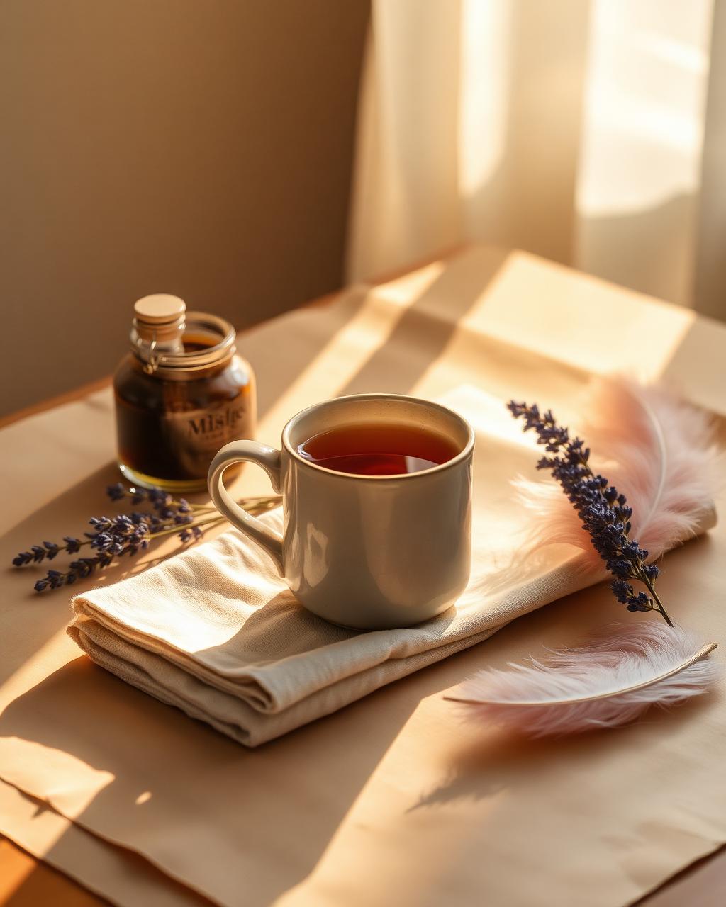 Herbal tea in a stoneware mug beside dried lavender in morning light