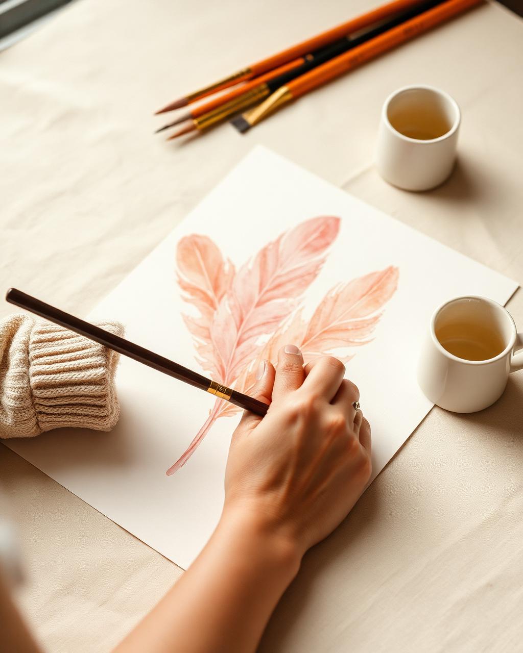 Hand painting blush watercolor feathers on textured paper