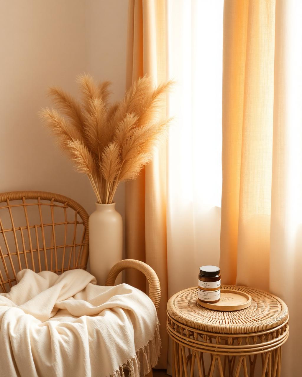 Bohemian home corner with rattan chair, cream throw and pampas grass