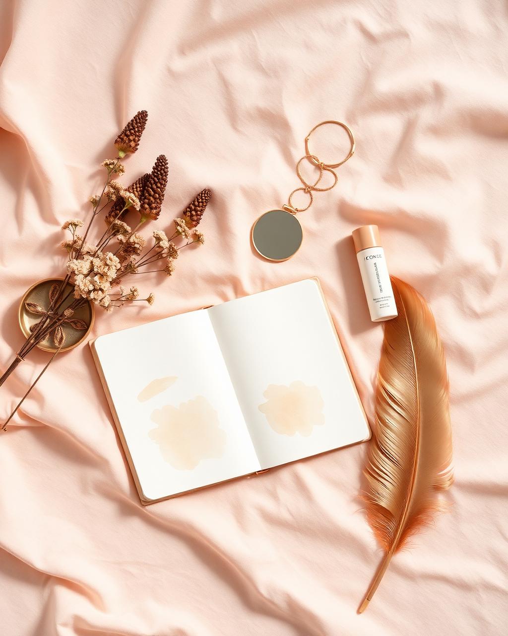 Creator flatlay with notebook, cosmetics, dried flowers and a gold feather